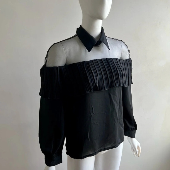 Turn-Down Collar Long Sleeve Pleated Shoulder Blouse XL Black (run Small Like S) - Picture 2 of 8